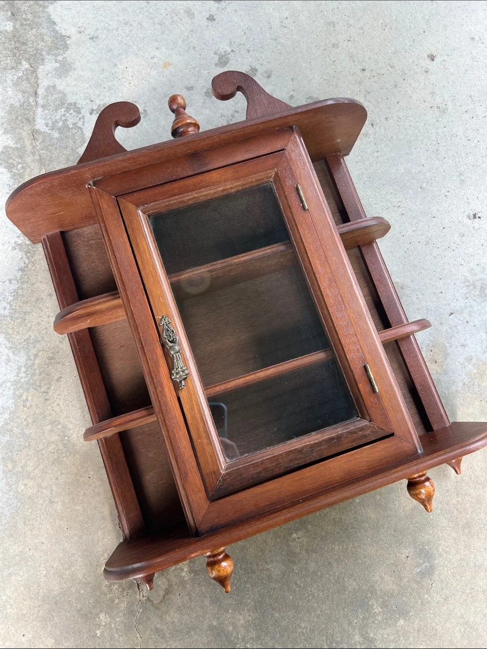 Vintage Wood Curio Display Cabinet Glass Door, Open Shelves & Decorative Detail